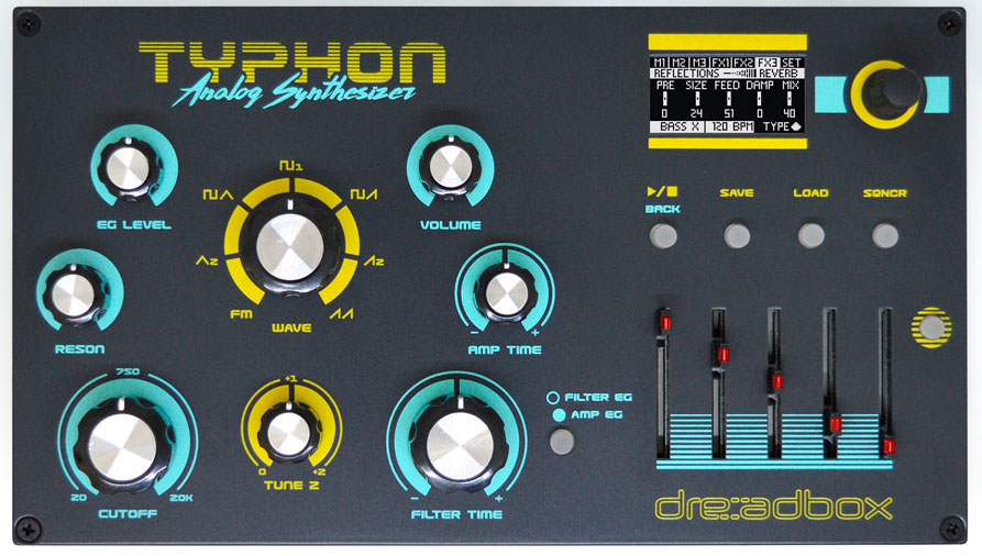 Dreadbox Typhon es un nuevo sintetizador analógico monofónico de alta calidad con dos osciladores analógicos y efectos DSP diseñados por Sinevibes