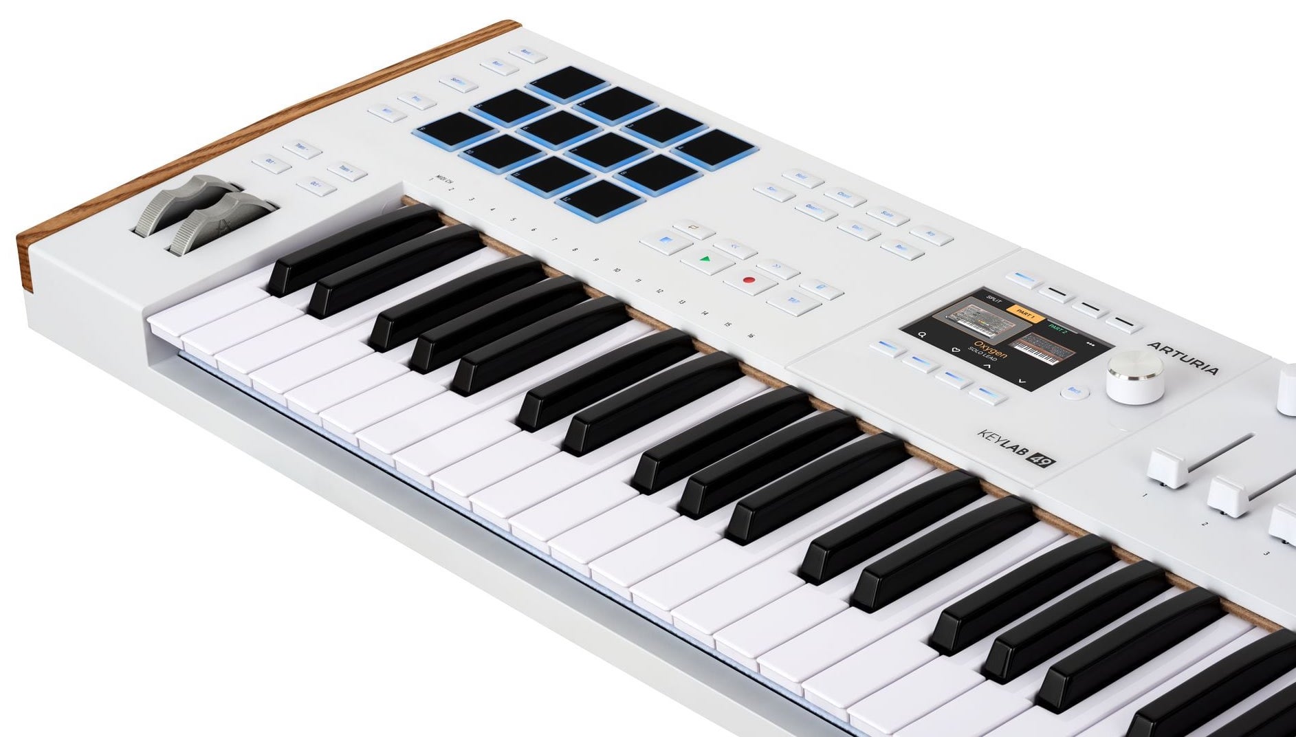 Arturia KeyLab 49 mk3 White es un teclado controlador MIDI de 49 teclas, con 12 pads de interpretación sensibles a la presión, 9 faders, 9 encoders, entradas de pedal de sustain/auxiliar y alimentación USB-C.