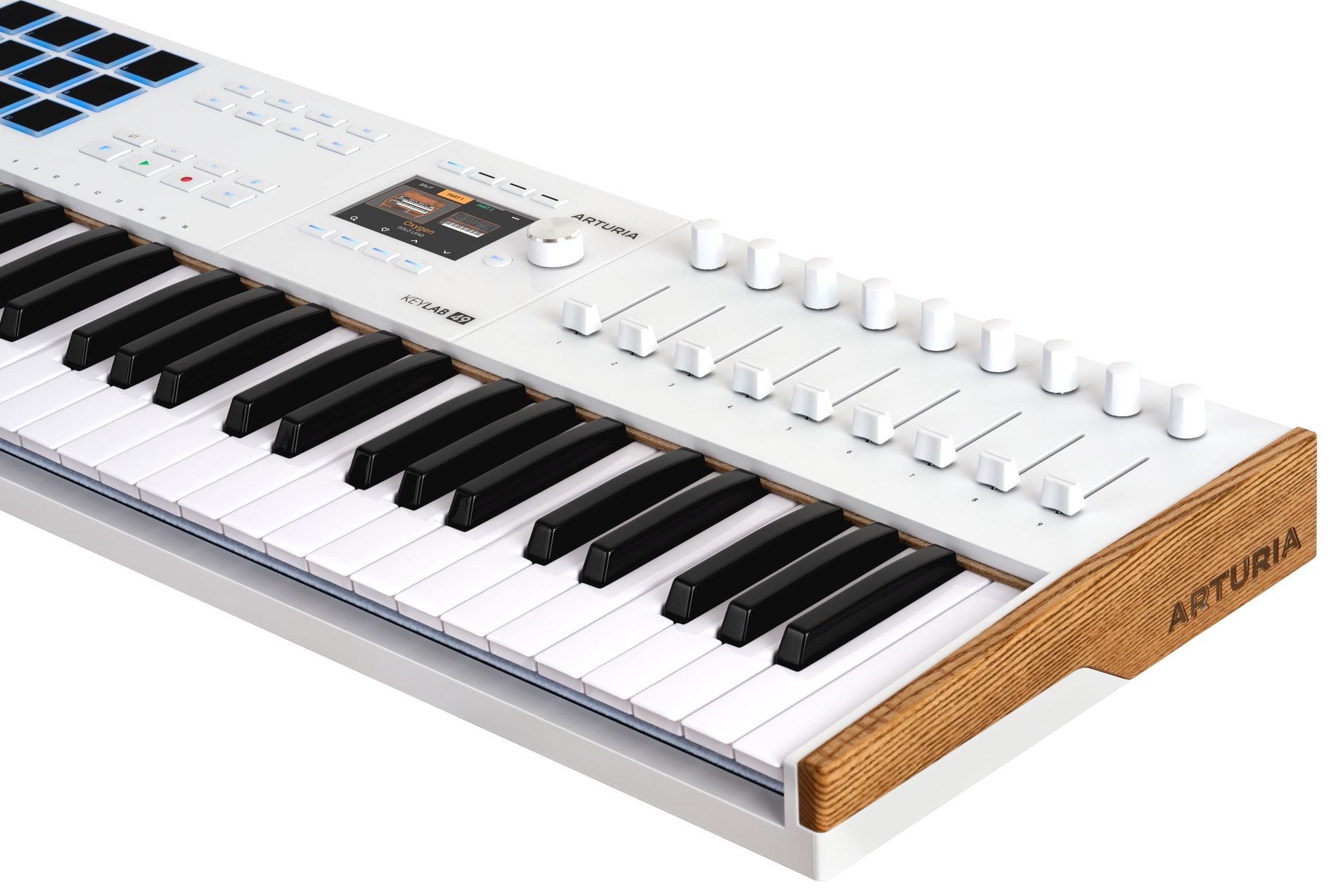 Arturia KeyLab 49 mk3 White es un teclado controlador MIDI de 49 teclas, con 12 pads de interpretación sensibles a la presión, 9 faders, 9 encoders, entradas de pedal de sustain/auxiliar y alimentación USB-C.