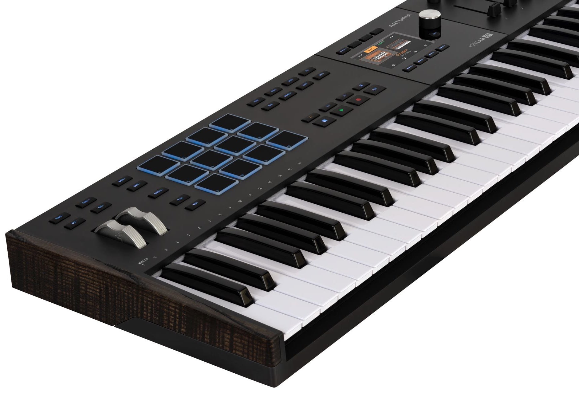 Arturia KeyLab 61 mk3 Black es un teclado controlador MIDI de 61 teclas, con 12 pads de interpretación sensibles a la presión, 9 faders, 9 encoders, entradas de pedal de sustain/auxiliar y alimentación USB-C.