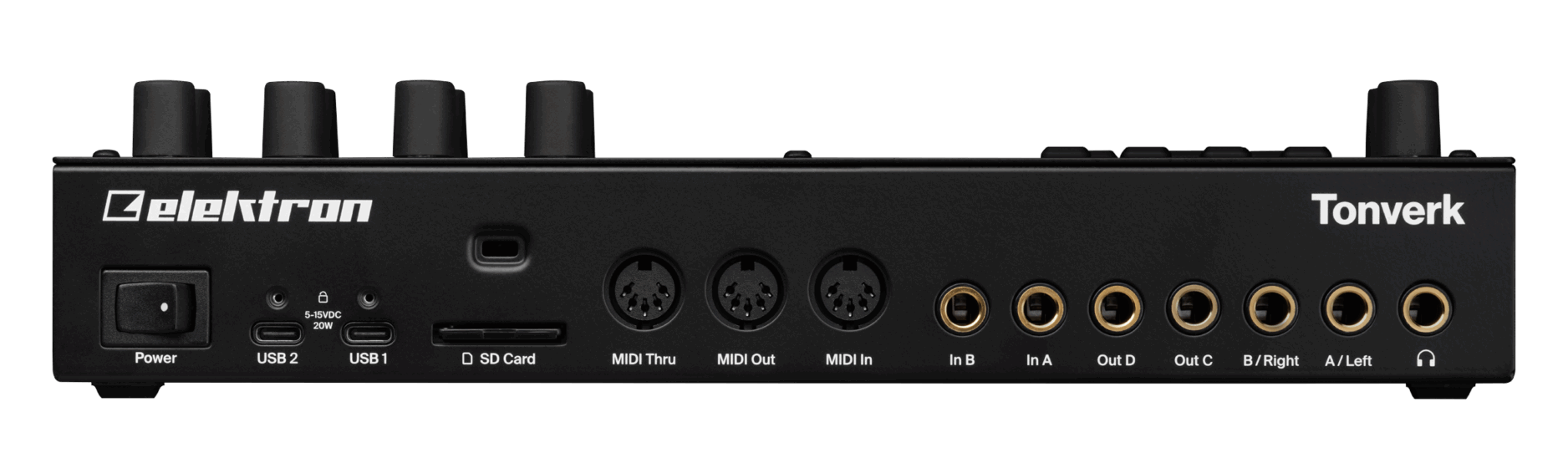 Elektron Tonverk incluye cuatro salidas de audio, dos entradas, una salida de auriculares con función de ruteo, además de 