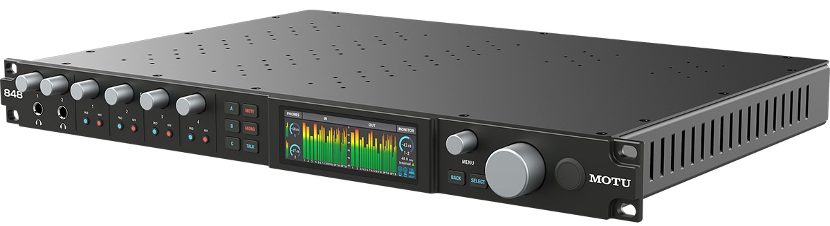 Motu 848 es una interfaz de audio Thunderbolt 4/USB4 con DSP, 28 entradas y 32 salidas, resolución de 24 bits/192 kHz, mezcla, efectos y conexión en red AVB