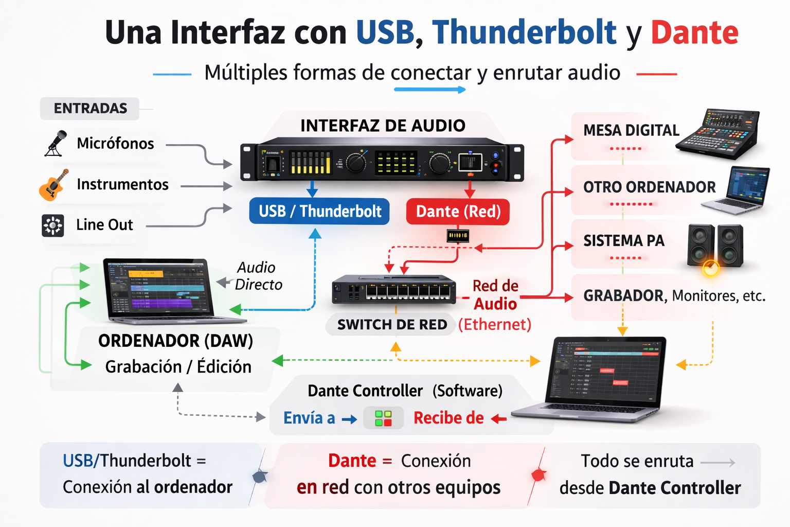 Interfaz de audio Dante: esquema de configuración sencillo